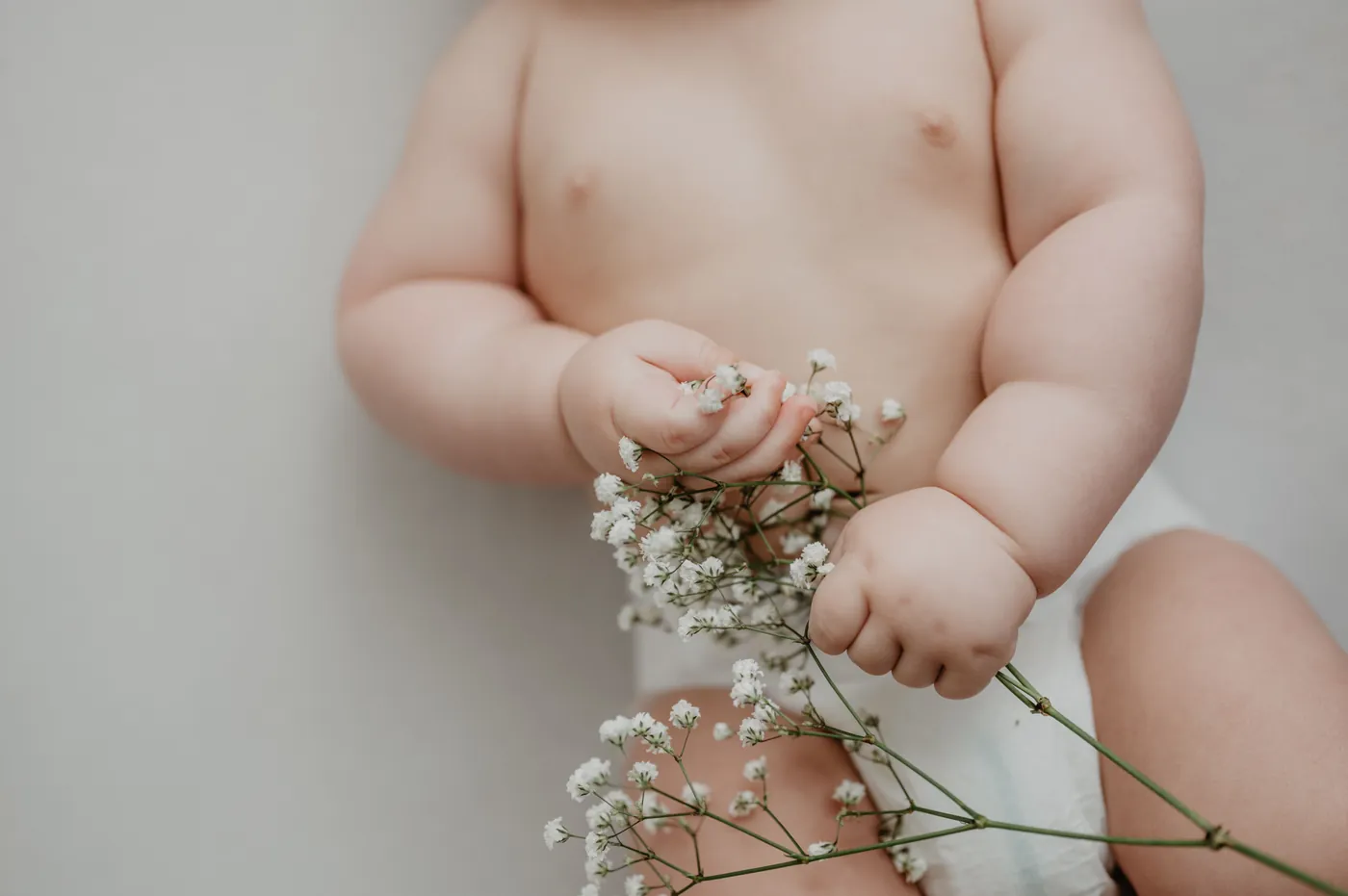 A baby's hands holding a sprig of small white flowers
